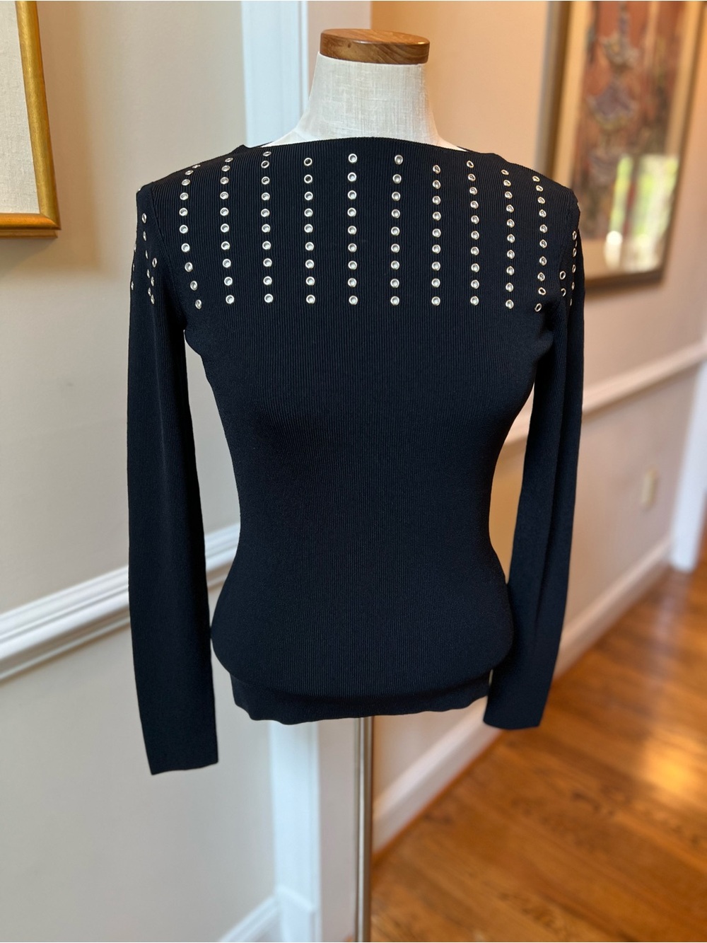 Cache-Black Silver Studded Long Sleeve Knit Top